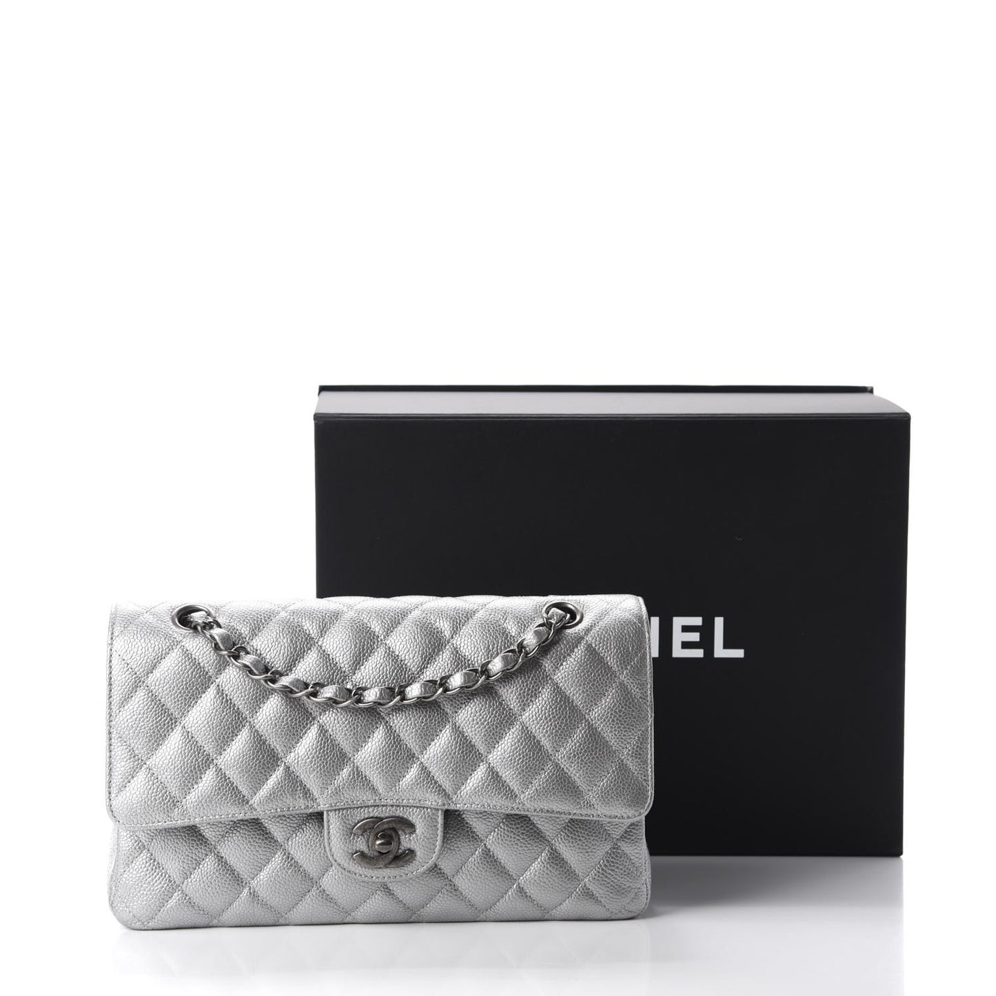 Metallic Caviar Quilted Medium Double Flap Silver