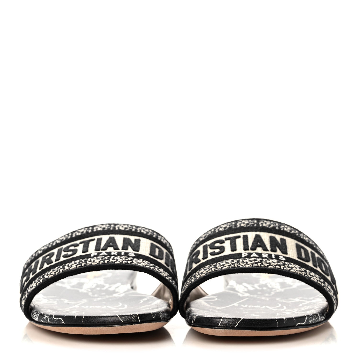 Christian Dior Canvas Around the World Embroidered Dway Flat Slide Sandals 38 Black White 2 of 9