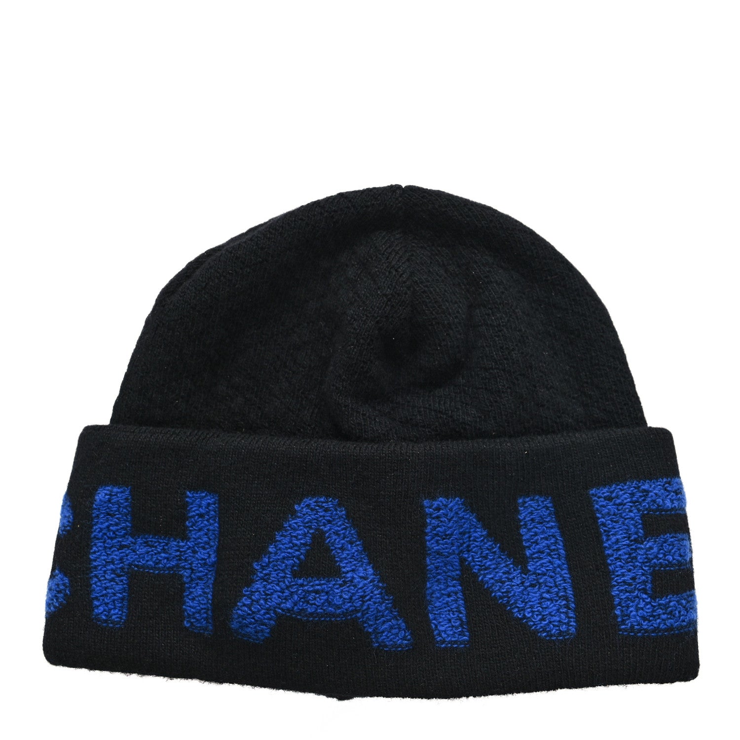 Chanel Wool Cashmere Logo Beanie Hat Black Blue 1 of 5