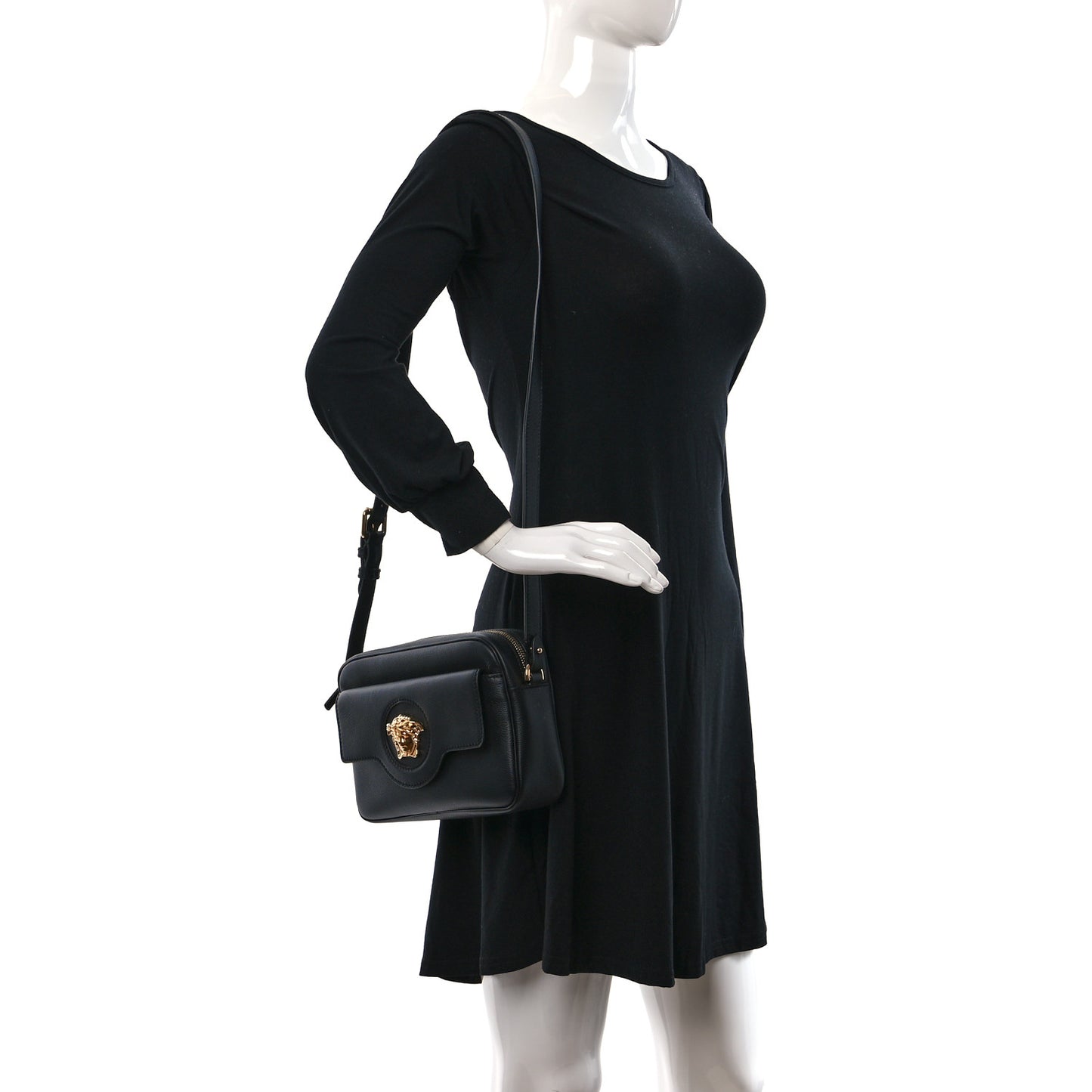 Grained Calfskin Medusa Camera Bag Black