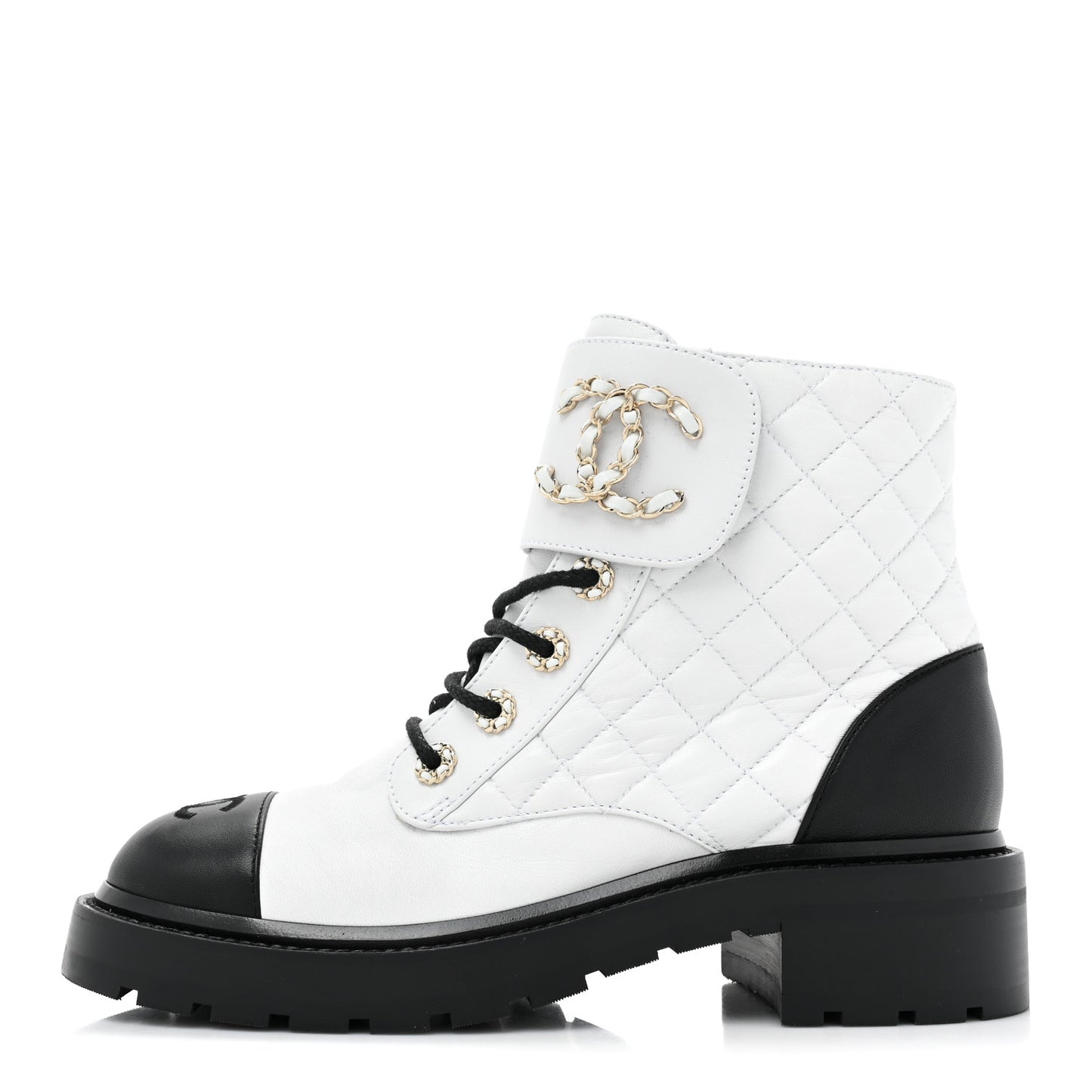 Shiny Goatskin Calfskin Quilted Lace Up Combat Boots 39 Ivory Black