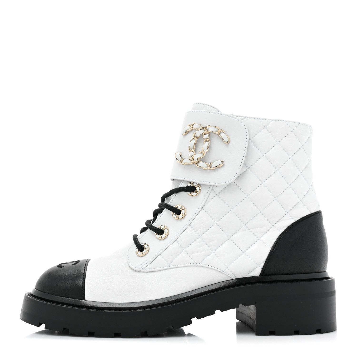 Chanel Shiny Goatskin Calfskin Quilted Lace Up Combat Boots 39 Ivory Black 1 of 9