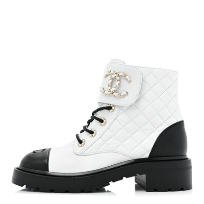 Chanel Shiny Goatskin Calfskin Quilted Lace Up Combat Boots 39 Ivory Black 1 of 9