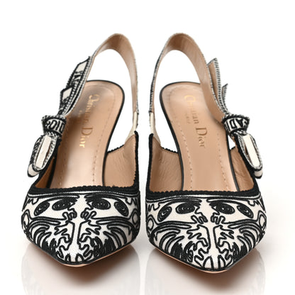 Christian Dior Canvas Embroidered Ornamental Cornely Ribbon J'Adior Slingback 100mm Pumps 36 Black White 2 of 7