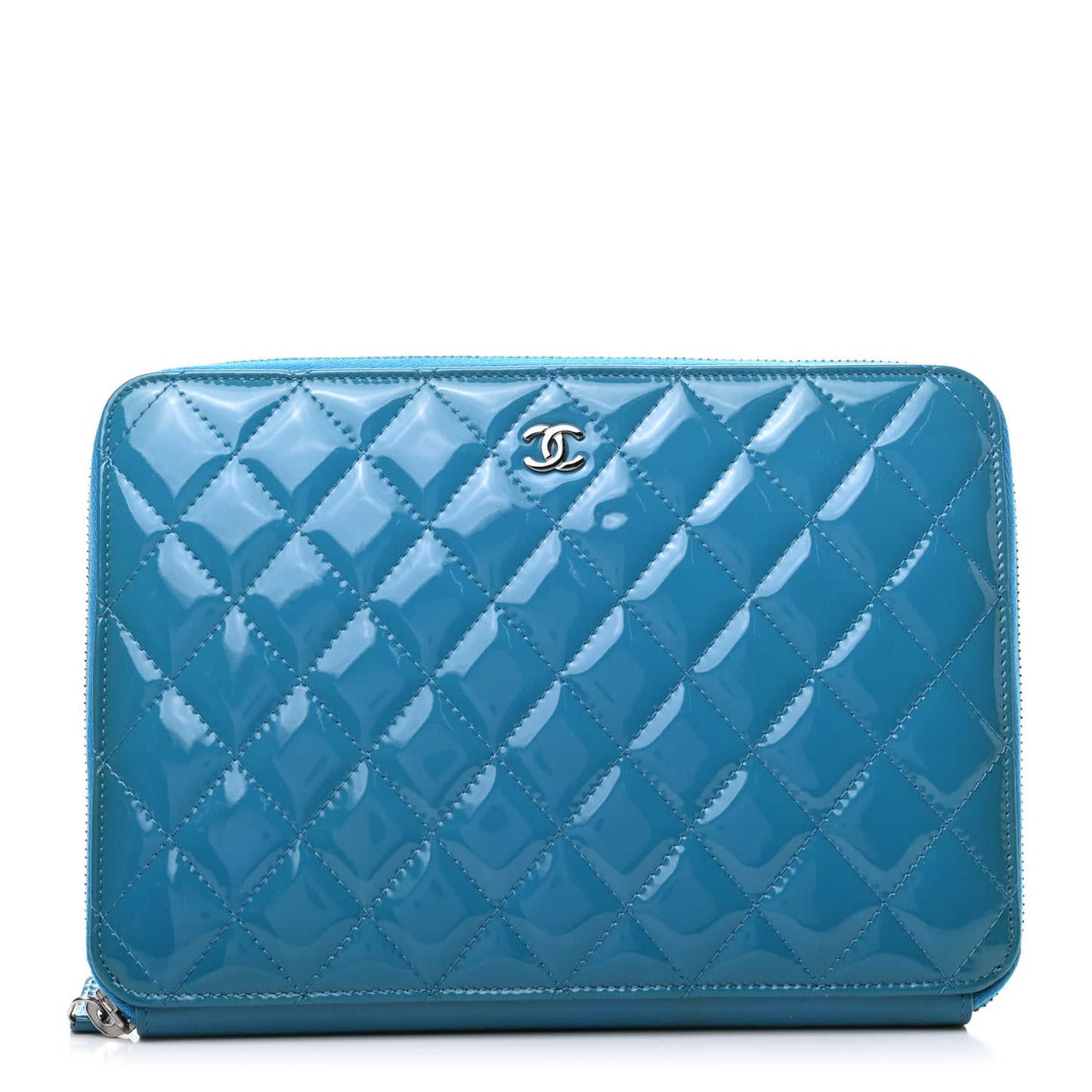 Patent Calfskin Quilted Zipped Clutch Blue