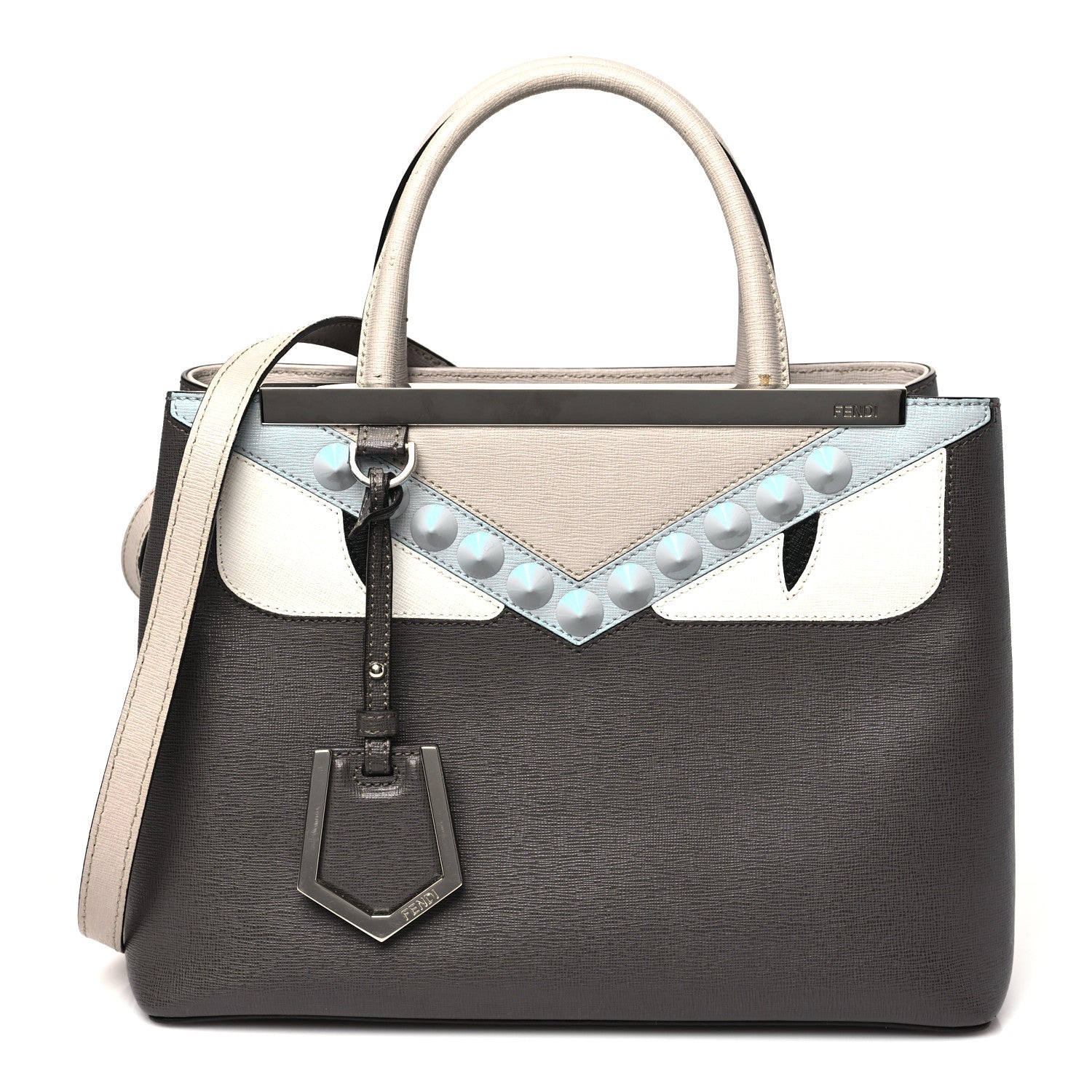 Fendi Vitello Elite Monster Eyes Studded Petite 2Jours Tote Carbone White Multicolor 1 of 12