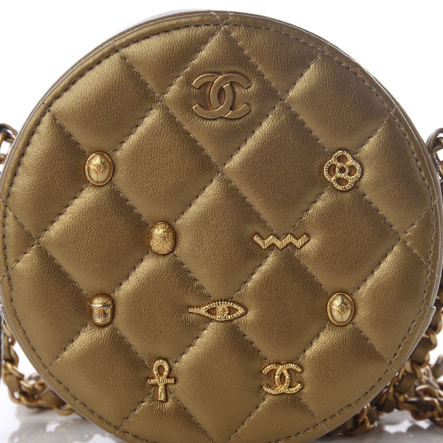 Metallic Lambskin Quilted Egyptian Amulet Round Clutch With Chain Gold