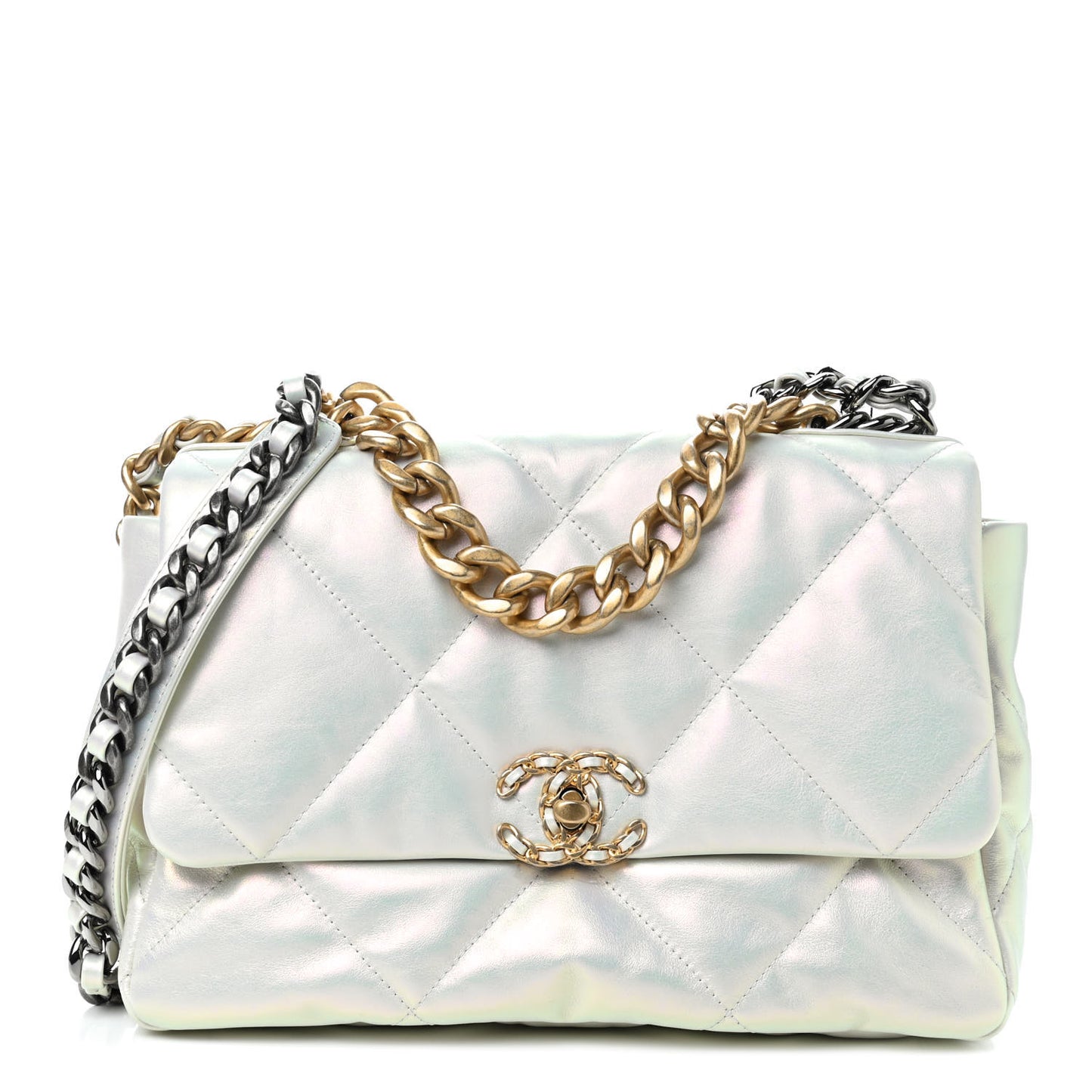 Iridescent Calfskin Quilted Large Chanel 19 Flap White