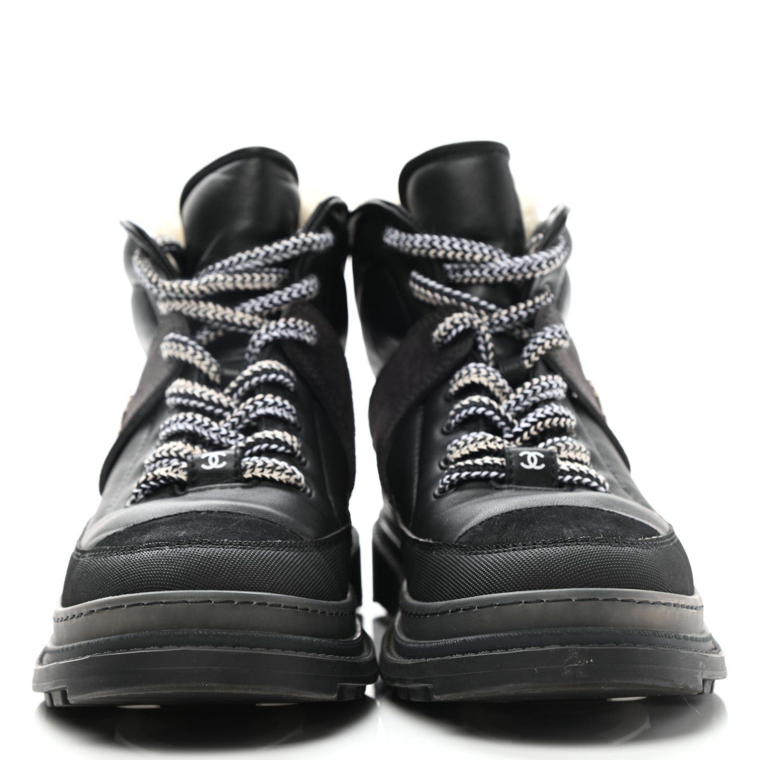 Chanel Lambskin Shearling Suede CC High Lace Up Boots 38 Black 2 of 10