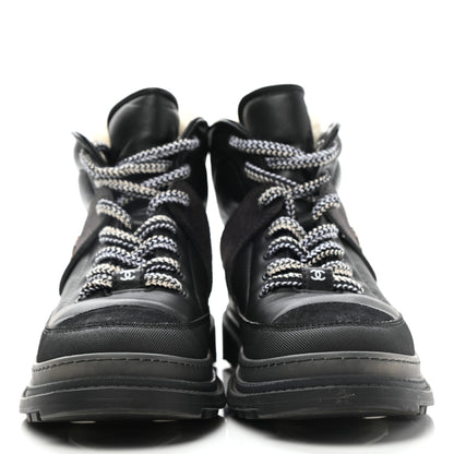 Chanel Lambskin Shearling Suede CC High Lace Up Boots 38 Black 2 of 10