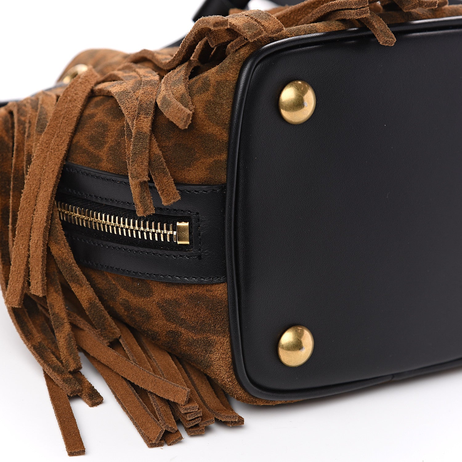 Saint Laurent Suede Leopard Small Emmanuelle Fringe Bucket Bag Tan Black 6 of 10