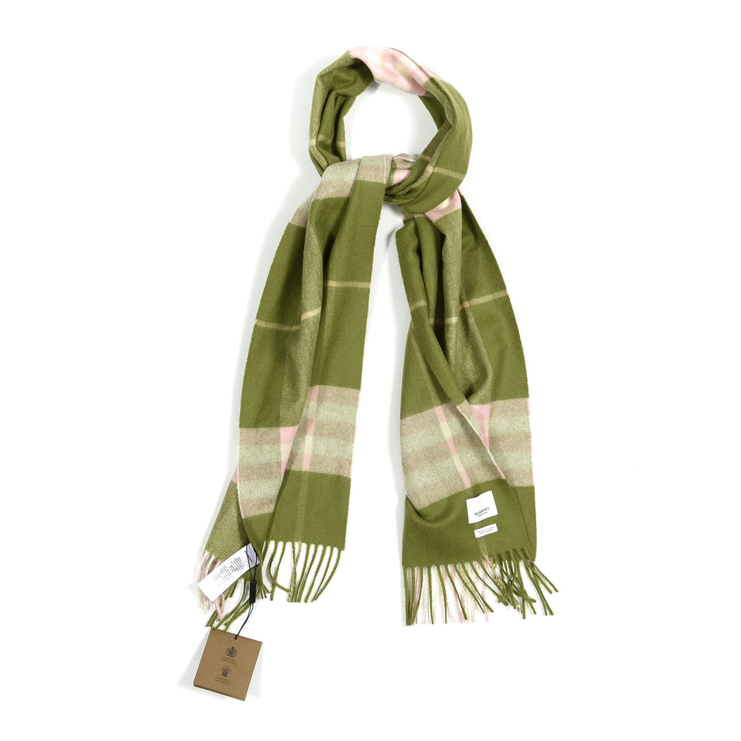 Burberry Cashmere Half Mega Check Fringe Scarf Green Tan Pink Cream 1 of 3