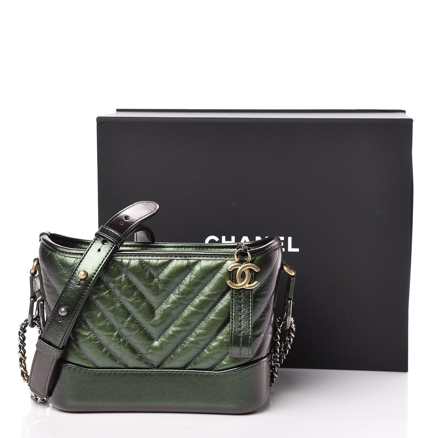 Metallic Calfskin Chevron Quilted Small Gabrielle Hobo Green