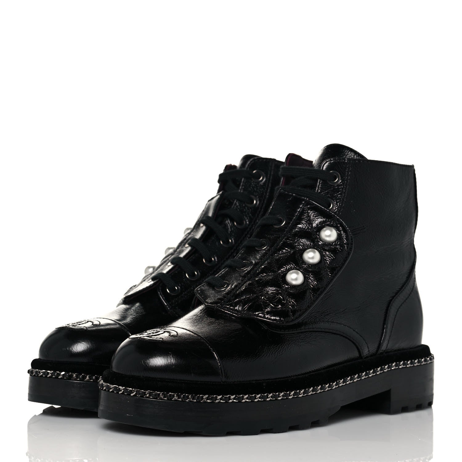 Chanel Crackled Calfskin Velvet Pearl Combat Short Boots 36.5 Black 3 of 6