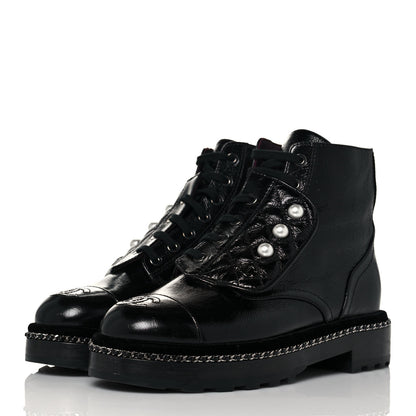 Chanel Crackled Calfskin Velvet Pearl Combat Short Boots 36.5 Black 3 of 6