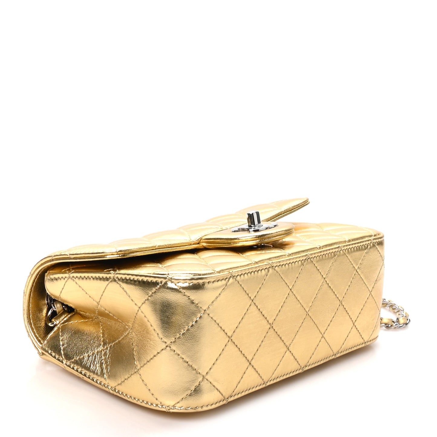 Metallic Lambskin Quilted Mini Rectangular Pearl Crush Flap  Gold