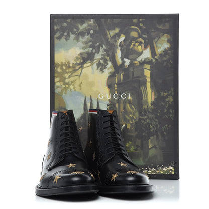 Gucci Calfskin Sylvie Web Bee Star Embroidered Mens Brogue Captoe Boots 7 Black 9 of 9