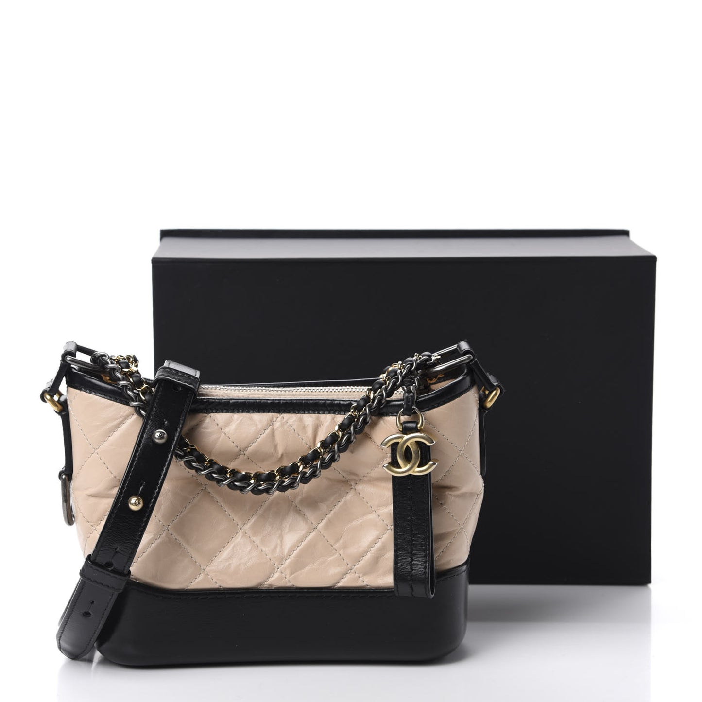 Aged Calfskin Quilted Small Gabrielle Hobo Beige Black