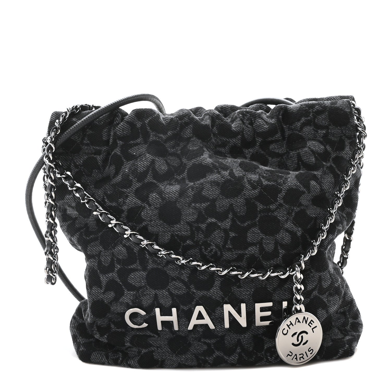 Chanel Denim Quilted Floral Print Mini Chanel 22 Black Grey 1 of 10