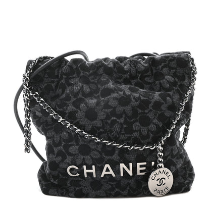Chanel Denim Quilted Floral Print Mini Chanel 22 Black Grey 1 of 10