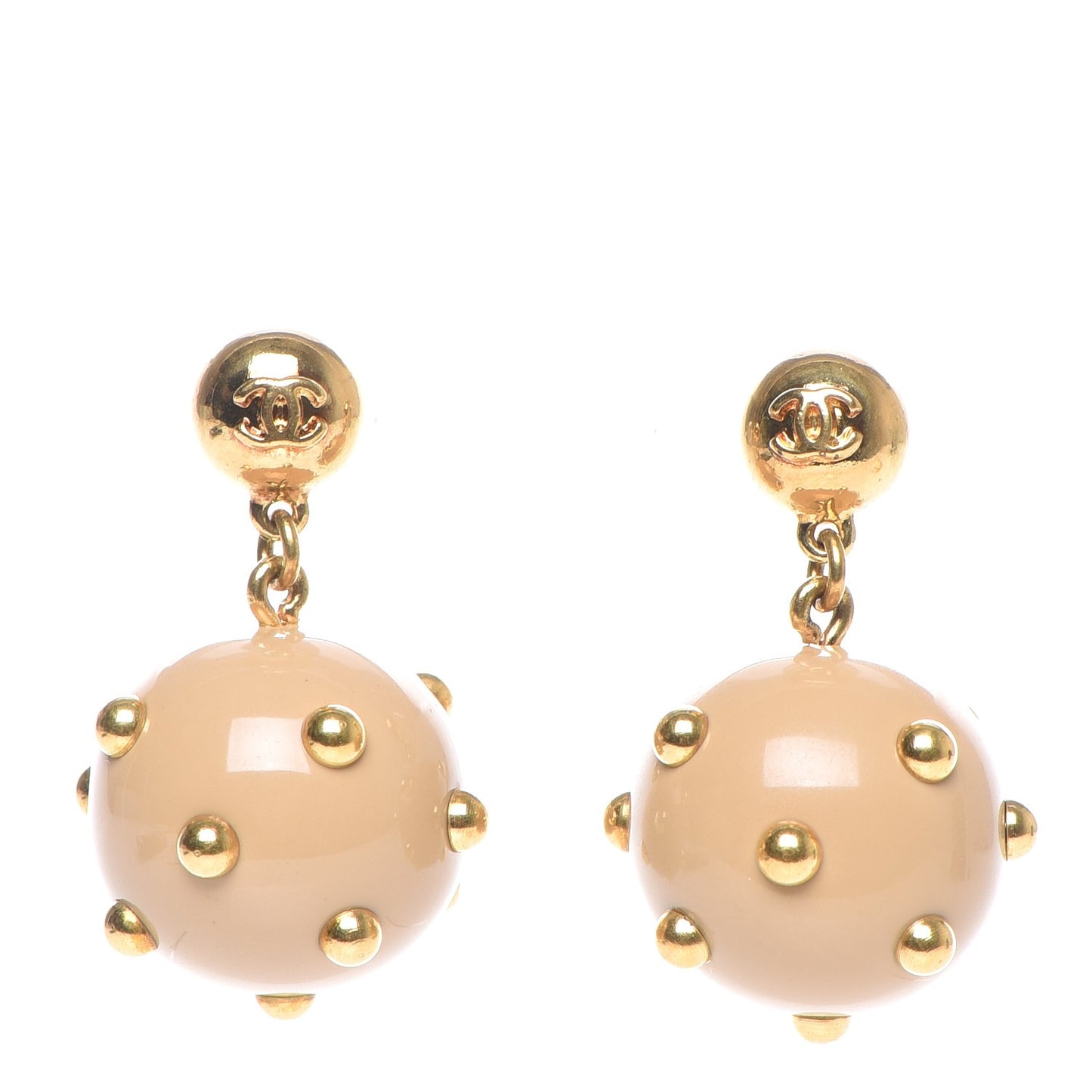 Resin Studded CC Drop Earrings Beige Gold