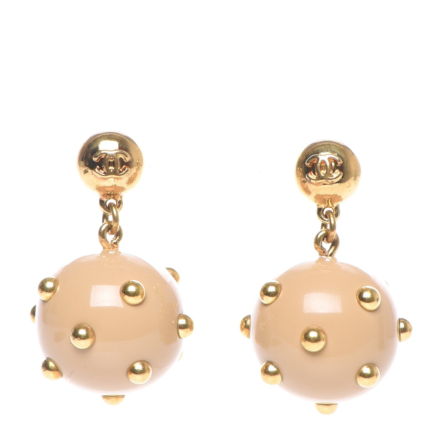 Chanel Resin Studded CC Drop Earrings Beige Gold 1 of 4