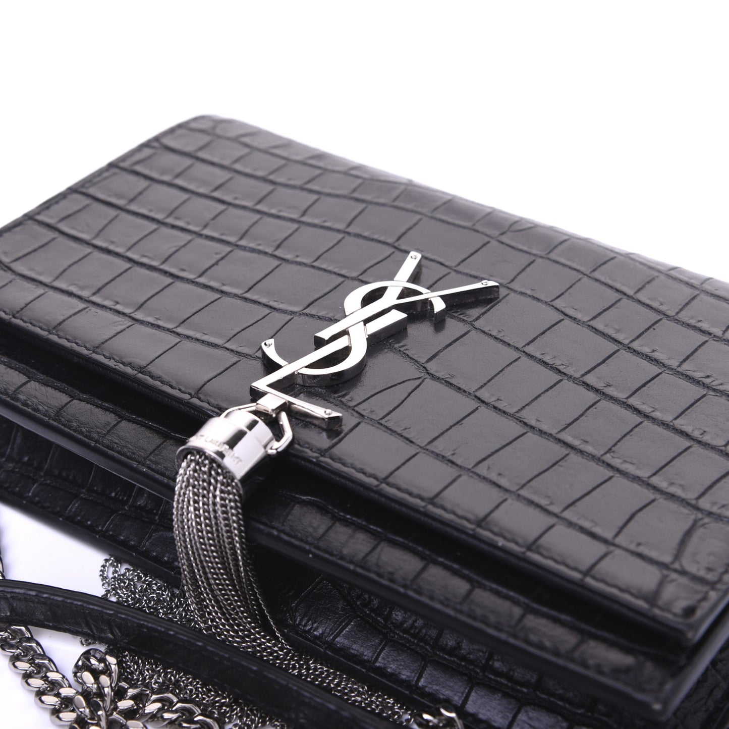 Calfskin Crocodile Embossed Kate Monogram Tassel Chain Wallet Black