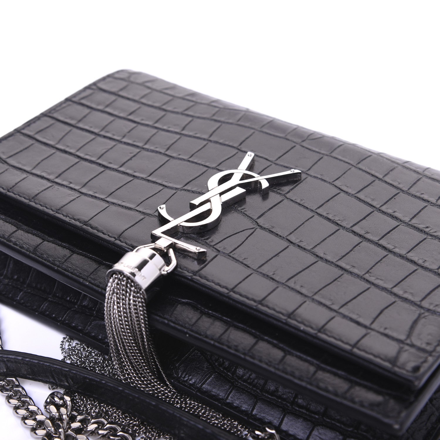 Saint Laurent Calfskin Crocodile Embossed Kate Monogram Tassel Chain Wallet Black 13 of 17