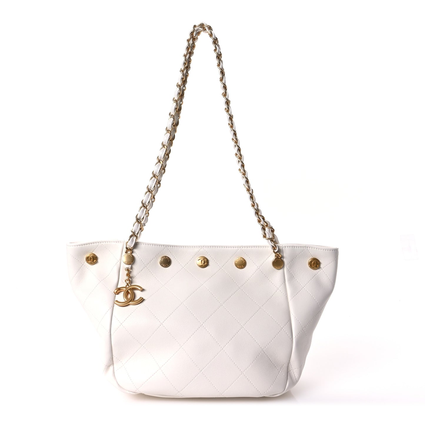 Shiny Calfskin Quilted Small Shopping Tote White