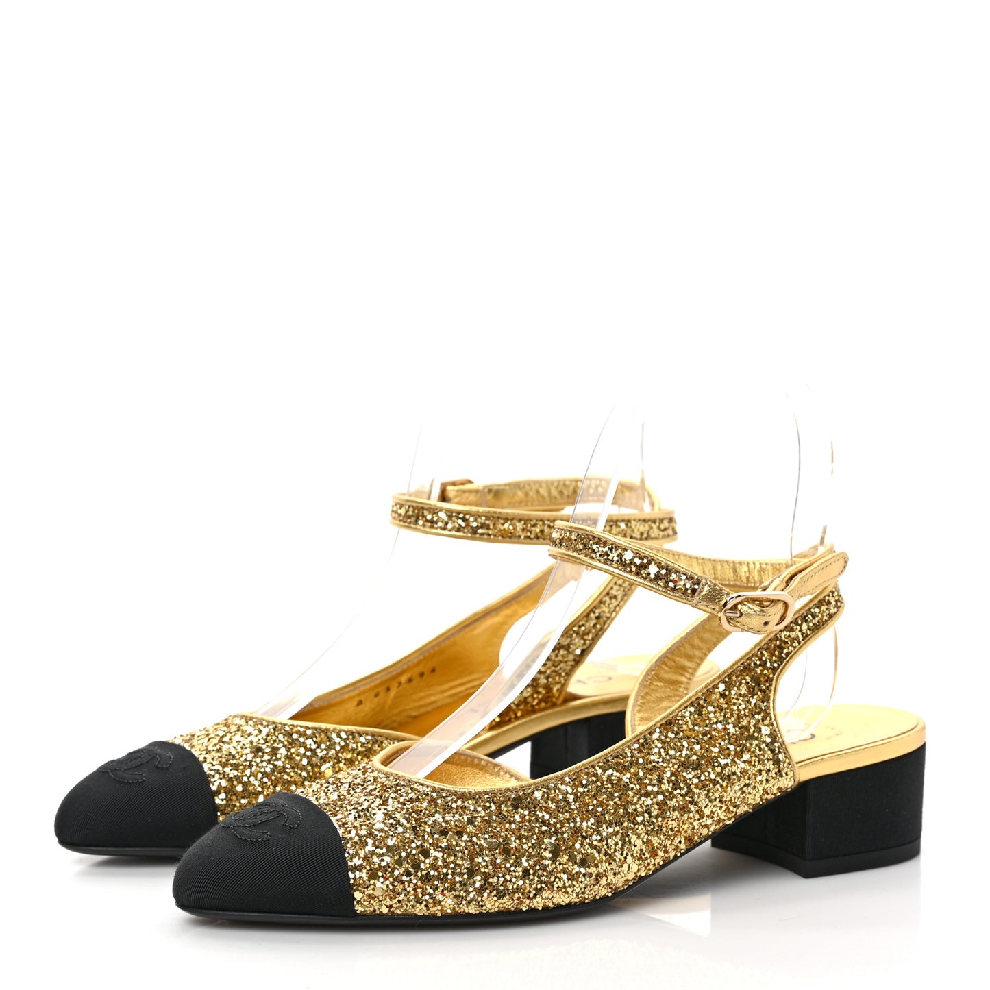 Glitter Grosgrain Cap Toe CC Slingback Pumps 36.5 Gold Black