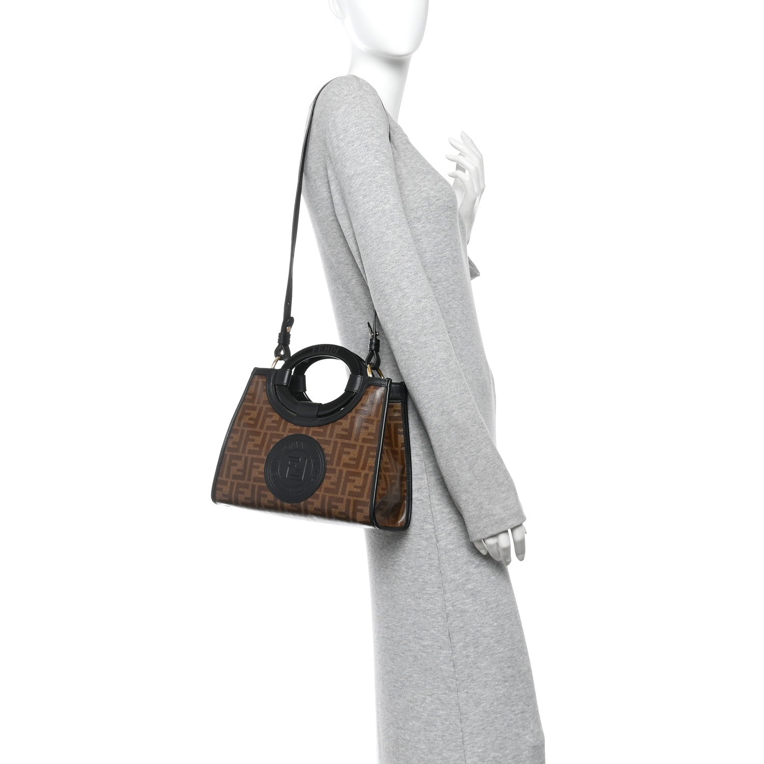 Fendi Glazed Fabric Vitello Century Plexiglass FF 1974 Stamp Patch Small Runaway Shopper Tote Mogano Panna Black 2 of 10