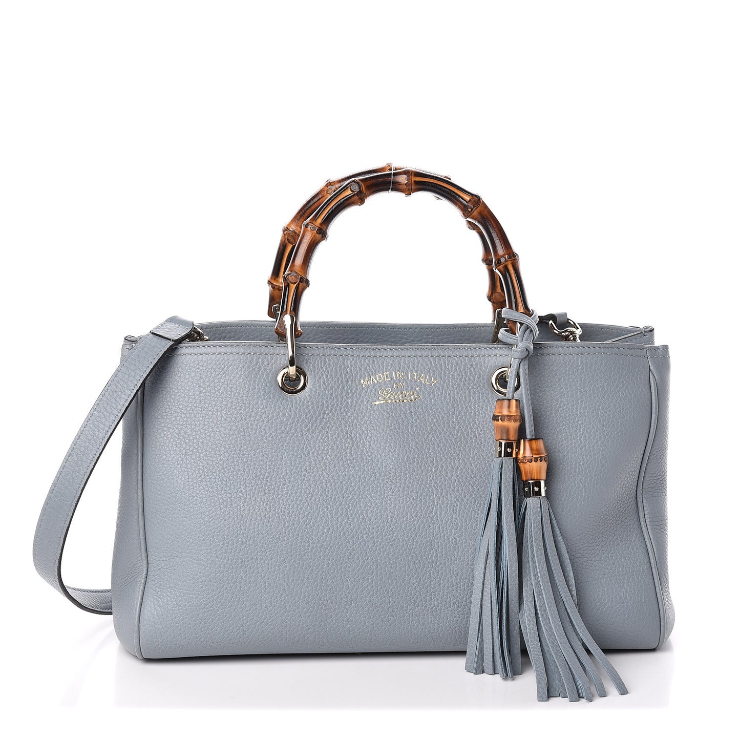 Pebbled Calfskin Medium Bamboo Shopper Tote Light Blue