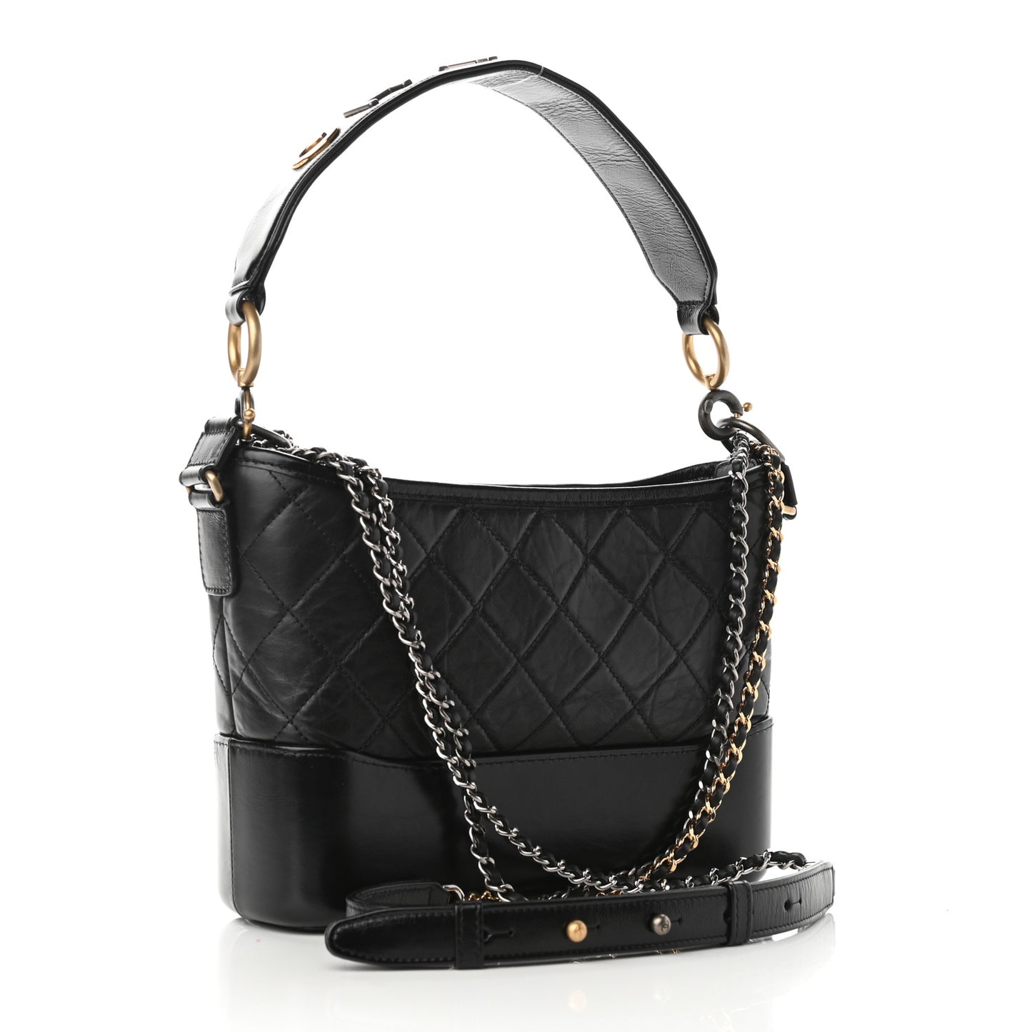 Aged Smooth Calfskin Quilted Medium Gabrielle Logo Hobo Black