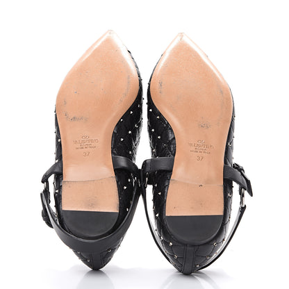 Valentino Garavani Crackled Lambskin Rockstud Spike Captoe Ballerina Flats 37 Black 5 of 10