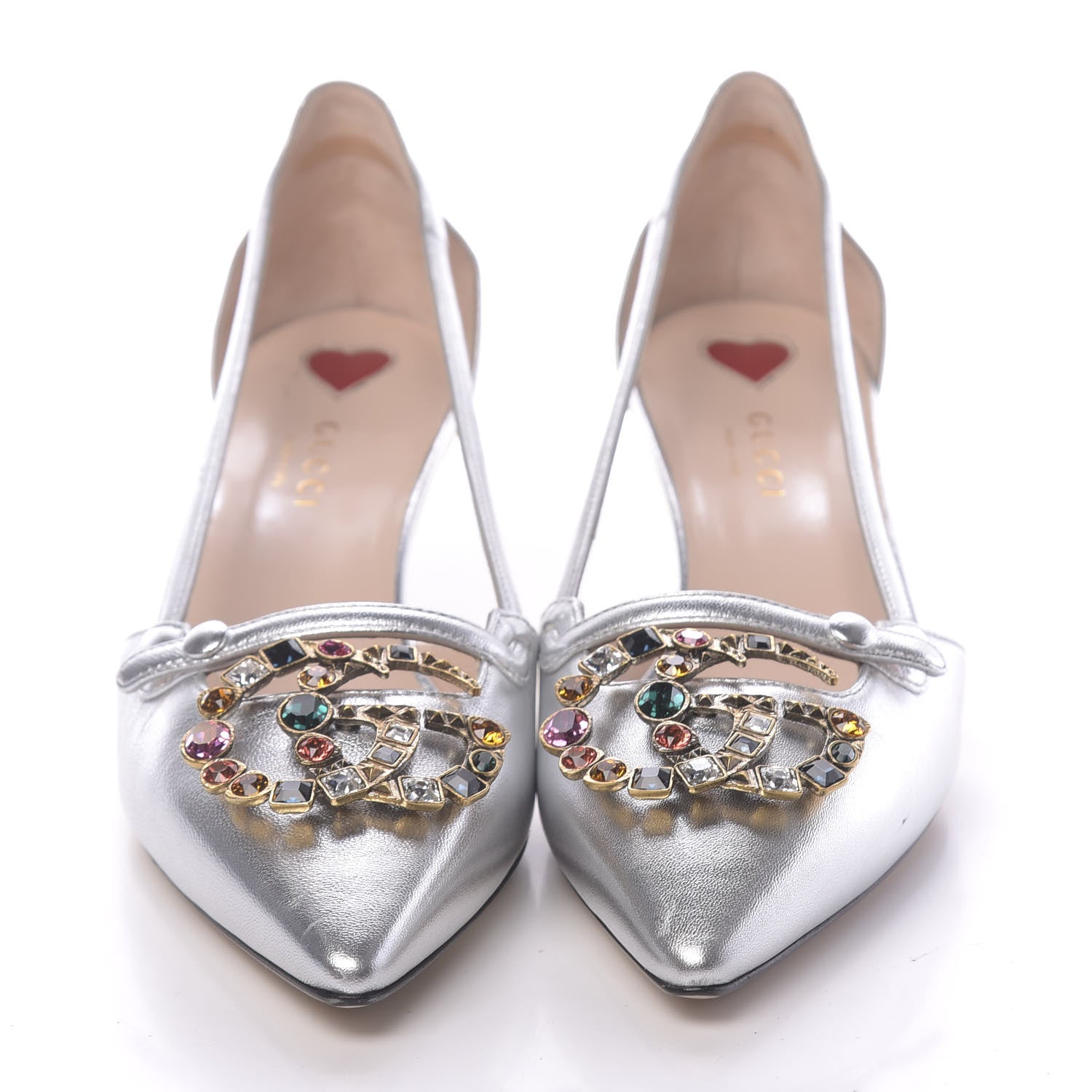 Gucci Metallic Nappa Bamboo Crystal Double G Low Heel Pumps 38 Argento 2 of 9