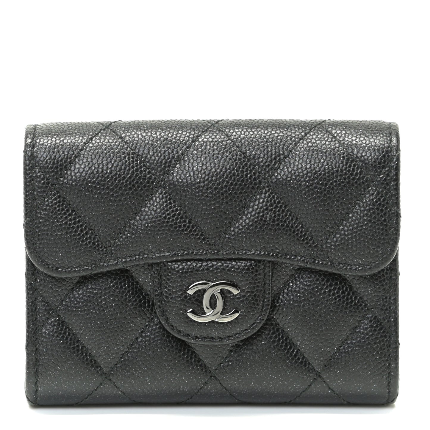 Iridescent Caviar Quilted Flap Card Holder Wallet Black