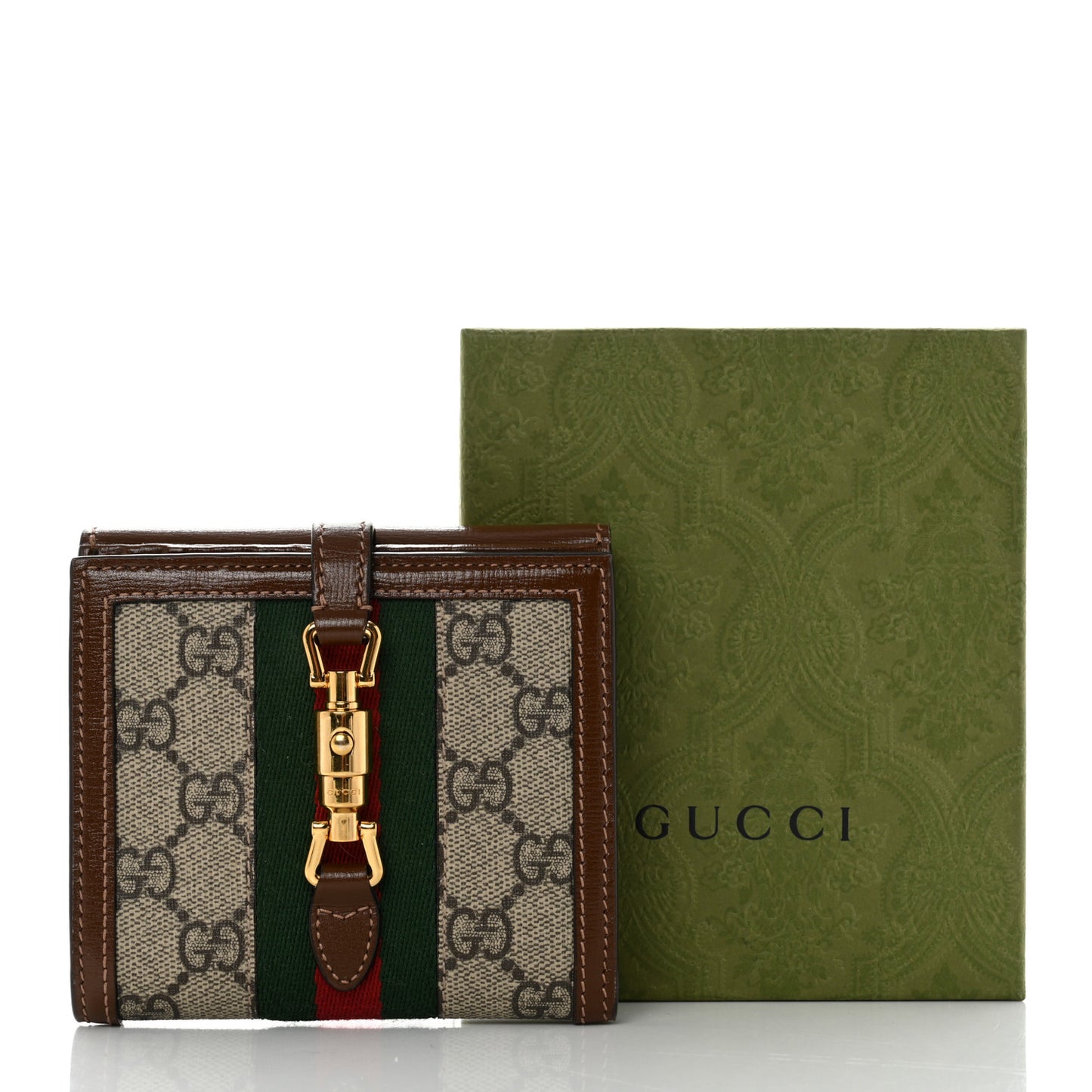 GG Supreme Monogram Textured Calfskin Web Jackie 1961 French Flap Wallet Beige Ebony Brown Sugar