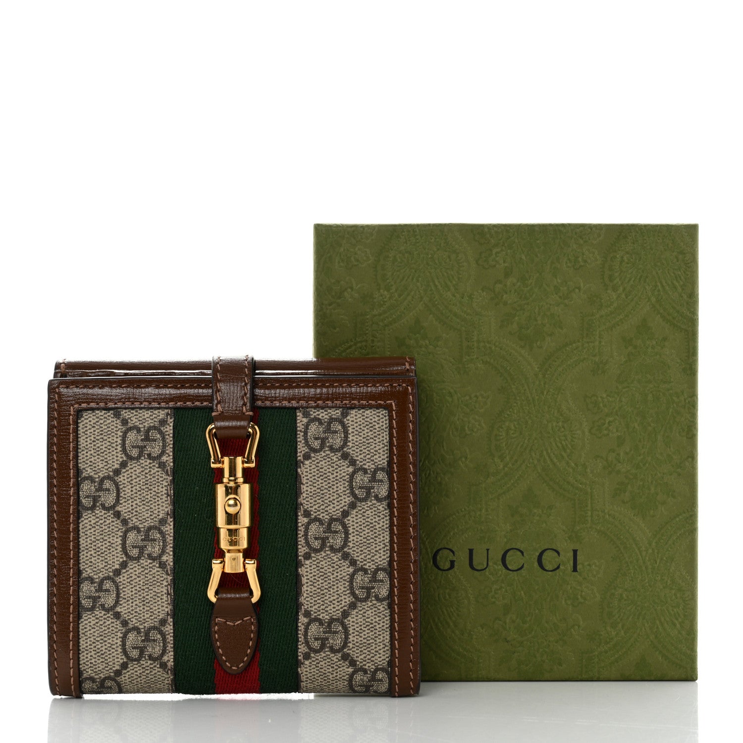 Gucci GG Supreme Monogram Textured Calfskin Web Jackie 1961 French Flap Wallet Beige Ebony Brown Sugar 9 of 9