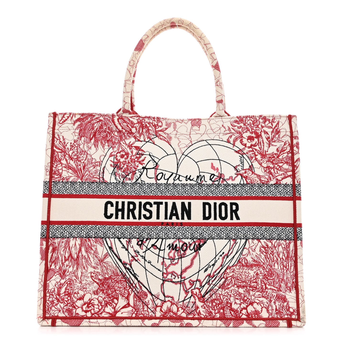 Canvas Embroidered Large Dioramour D-Royaume Book Tote Red Multicolor