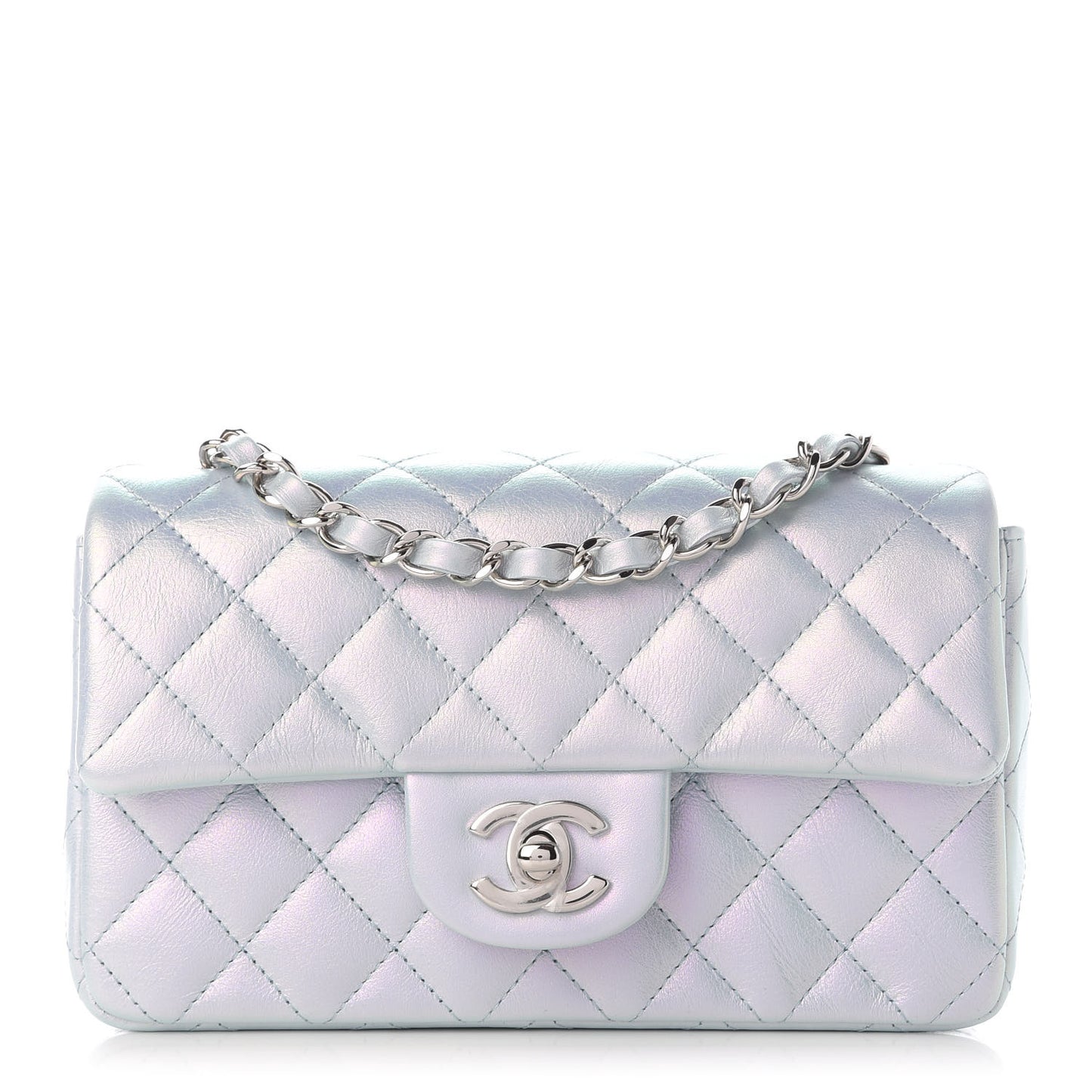 Iridescent Calfskin Quilted Mini Rectangular Flap Light Blue
