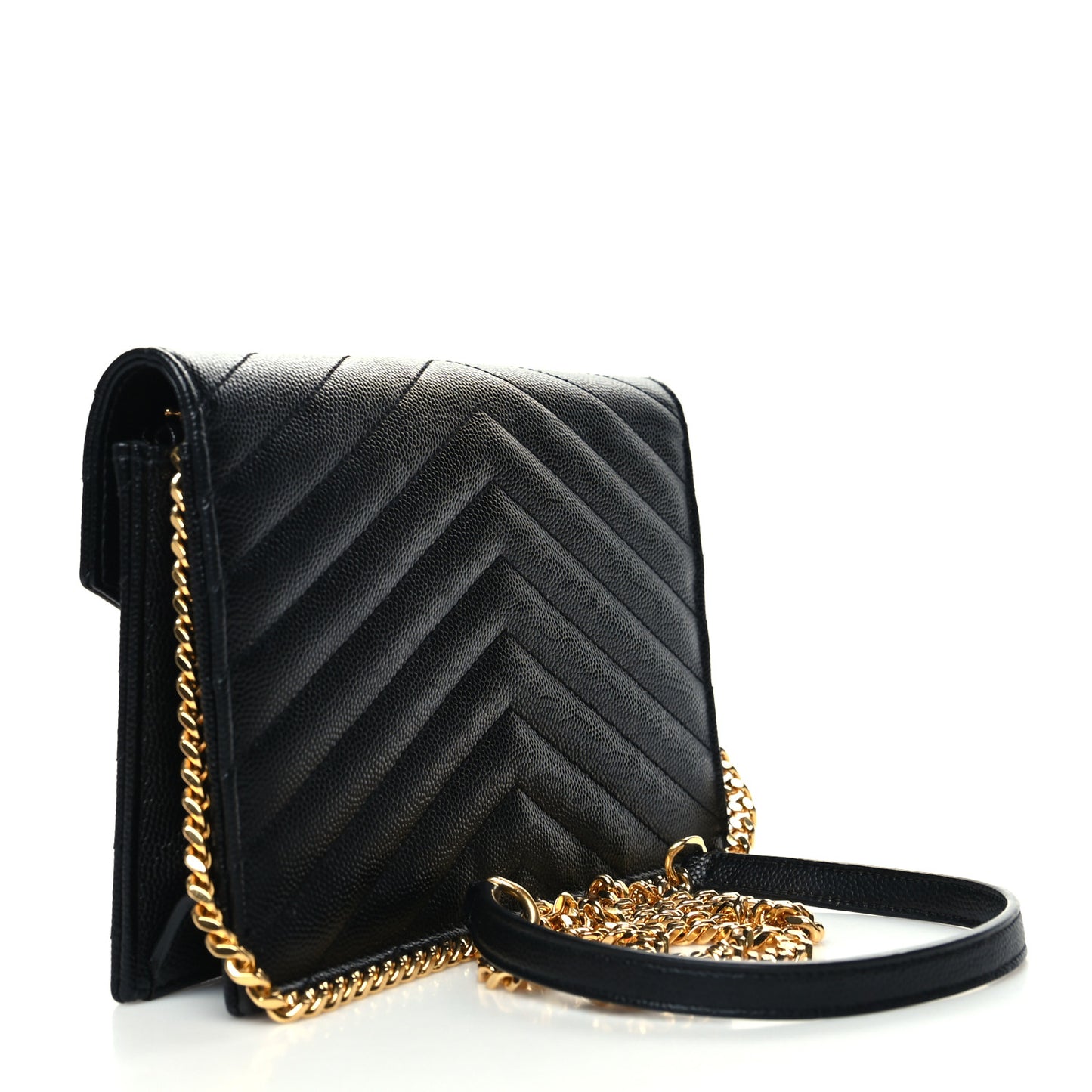 Grain De Poudre Matelasse Chevron Monogram Envelope Chain Wallet Black