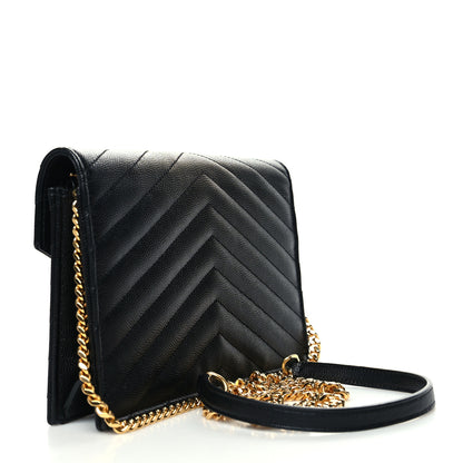 Saint Laurent Grain De Poudre Matelasse Chevron Monogram Envelope Chain Wallet Black 3 of 15