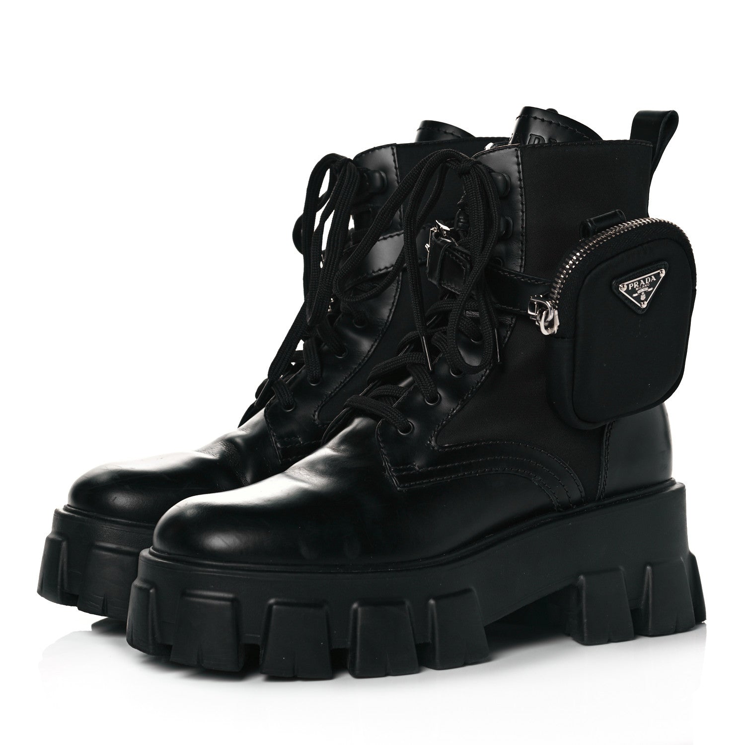 Prada Spazzolato Rois Nylon Metal Triangle Logo Monolith Pouch Pocket 55mm Boots 36.5 Black 3 of 6