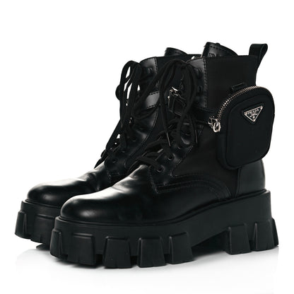 Prada Spazzolato Rois Nylon Metal Triangle Logo Monolith Pouch Pocket 55mm Boots 36.5 Black 3 of 6