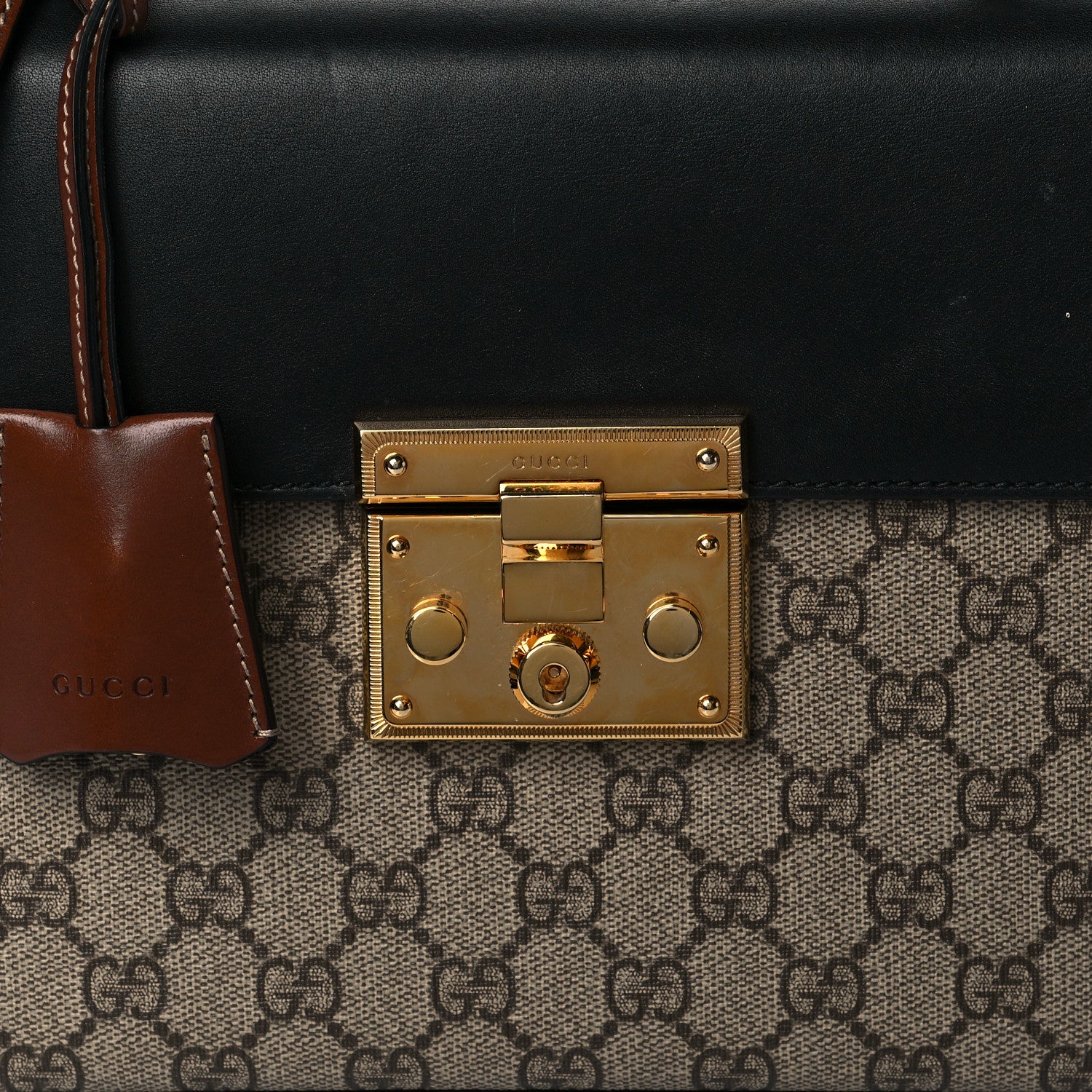 Gucci GG Supreme Monogram Calfskin Small Padlock Top Handle Bag Beige Black Cuir 8 of 11
