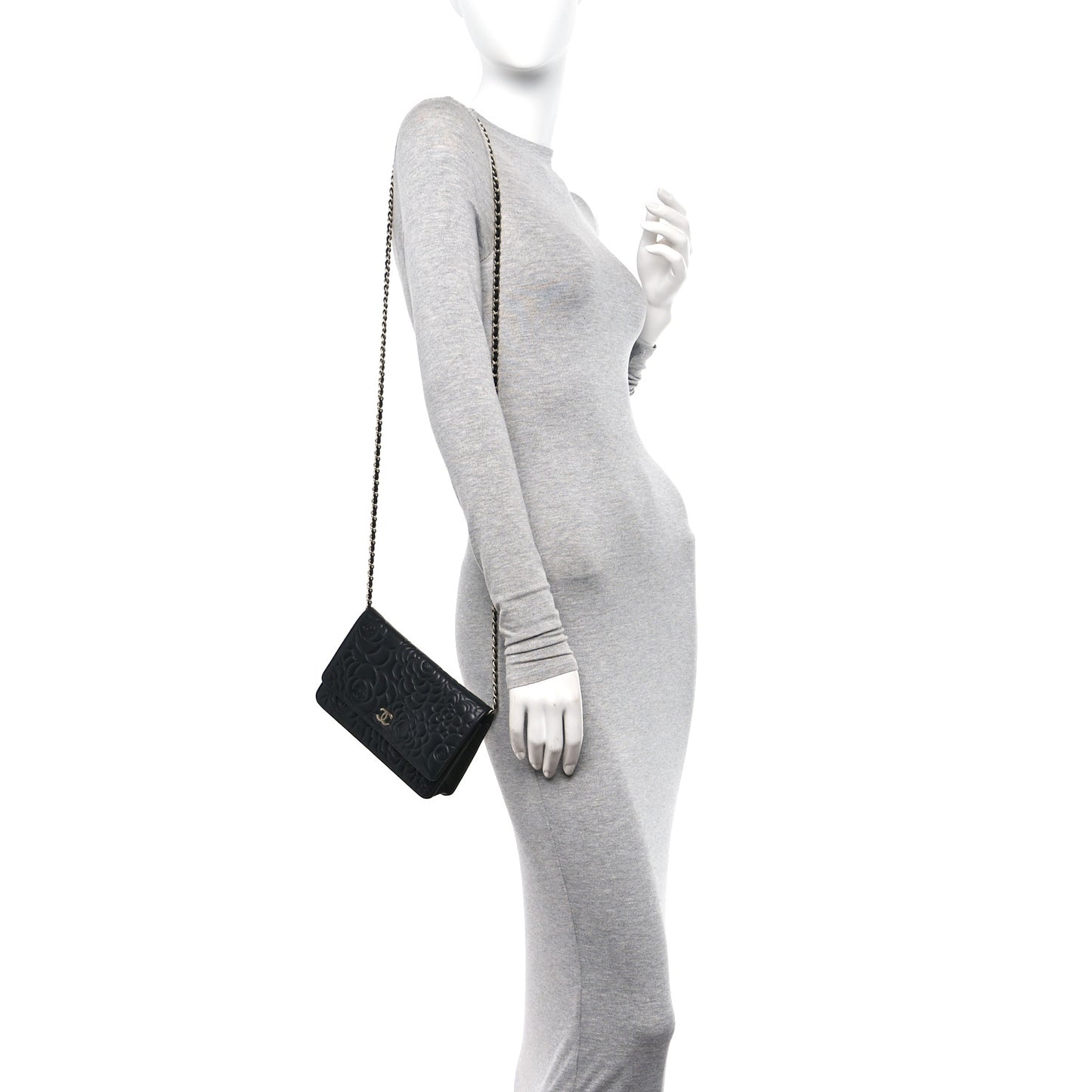 Lambskin Camellia Embossed Wallet on Chain WOC Black