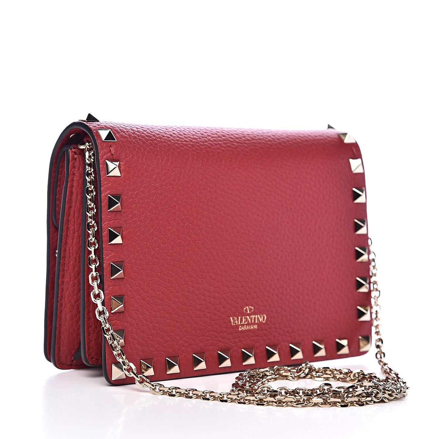 Pebbled Calfskin Rockstud Wallet on Chain Rosso Valentino