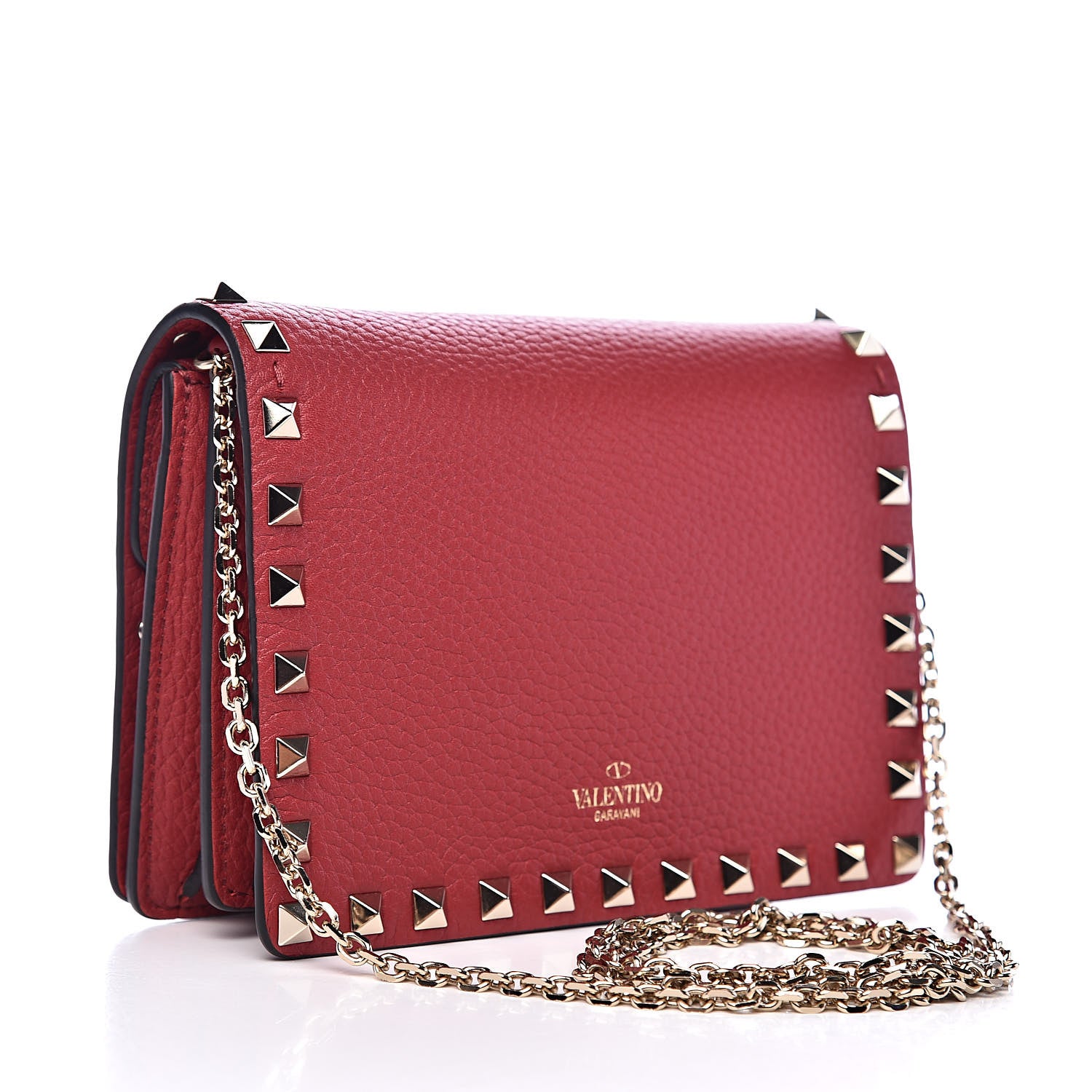 Valentino Garavani Pebbled Calfskin Rockstud Wallet on Chain Rosso Valentino 3 of 10