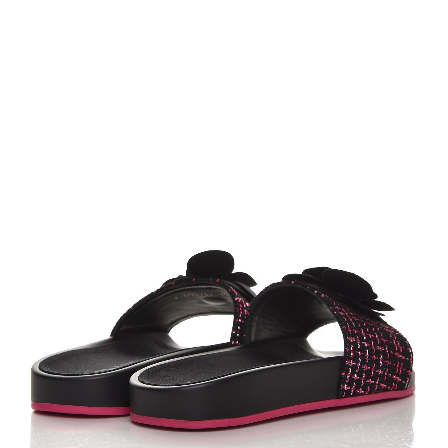 Tweed Grosgrain Camellia Flat Sandals 35 Black Pink