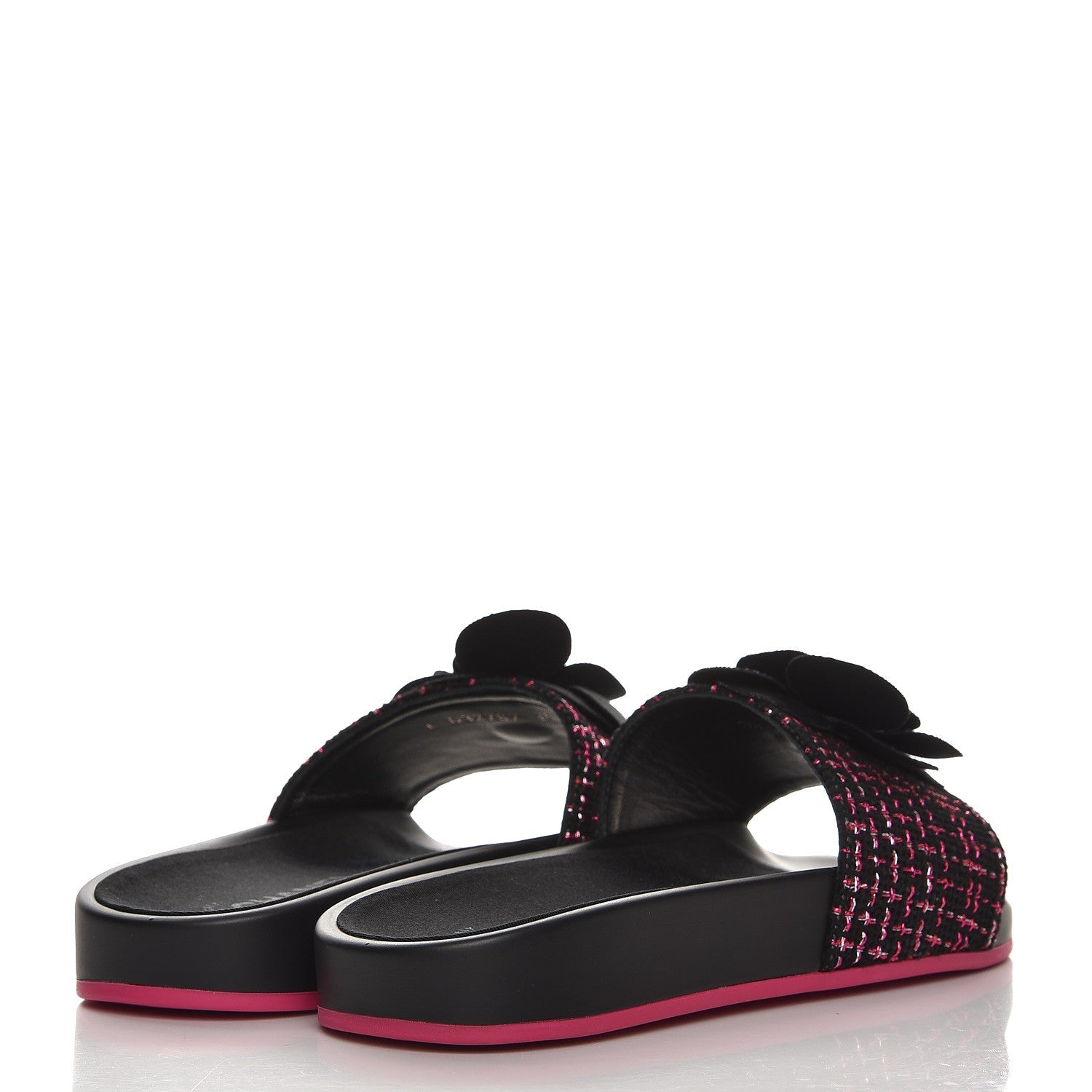 Chanel Tweed Grosgrain Camellia Flat Sandals 35 Black Pink 4 of 9
